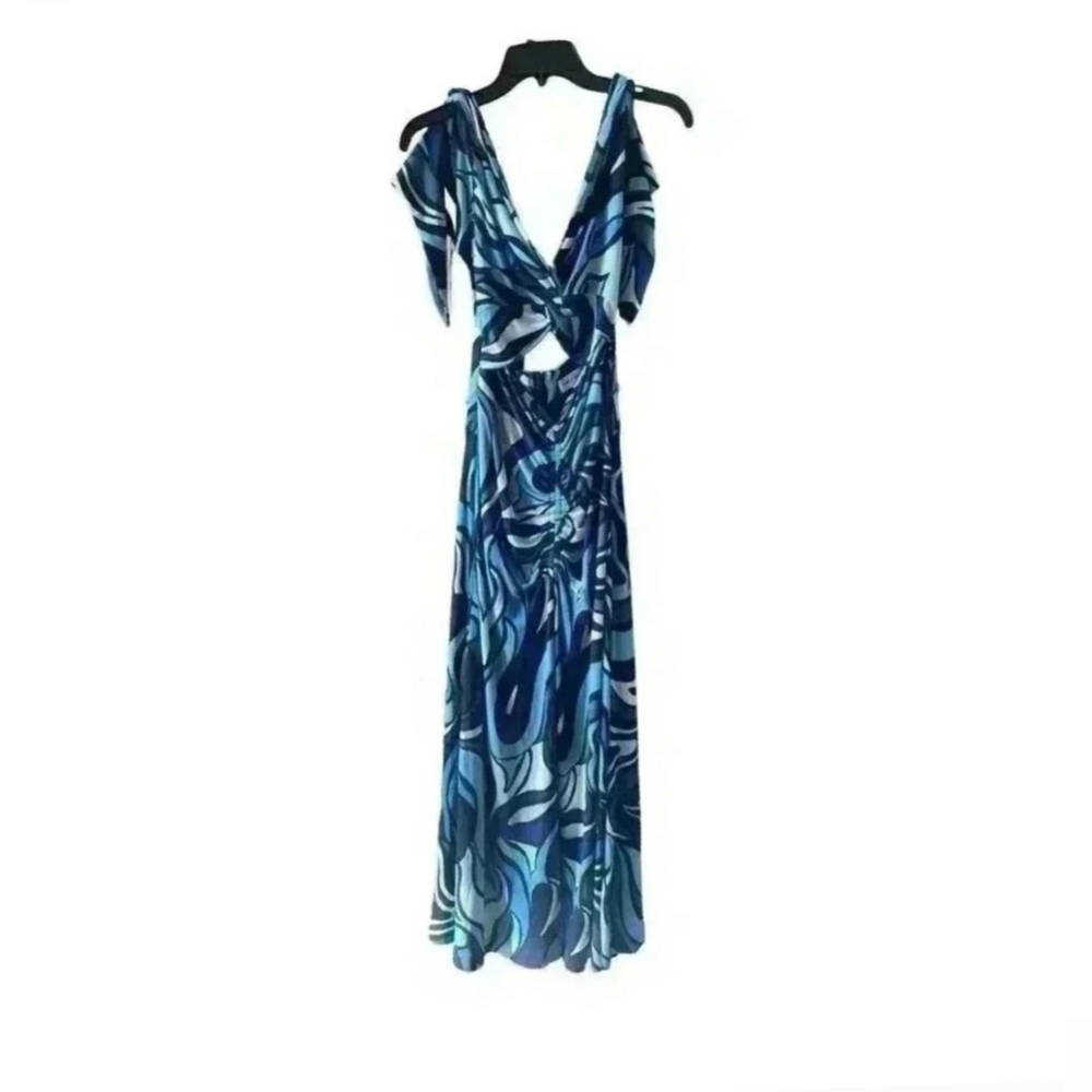 Rebecca Vallance Blue, Black & White Abstract Cut Out Halter Dress, Size 6 - Picture 4 of 7